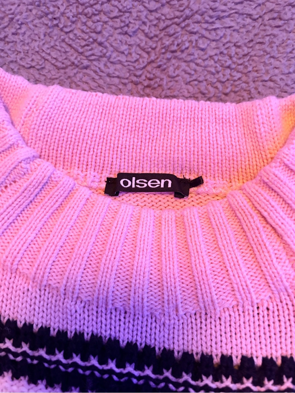 Olsen Pink Ribbed Crewneck Sweater with Striped Detail